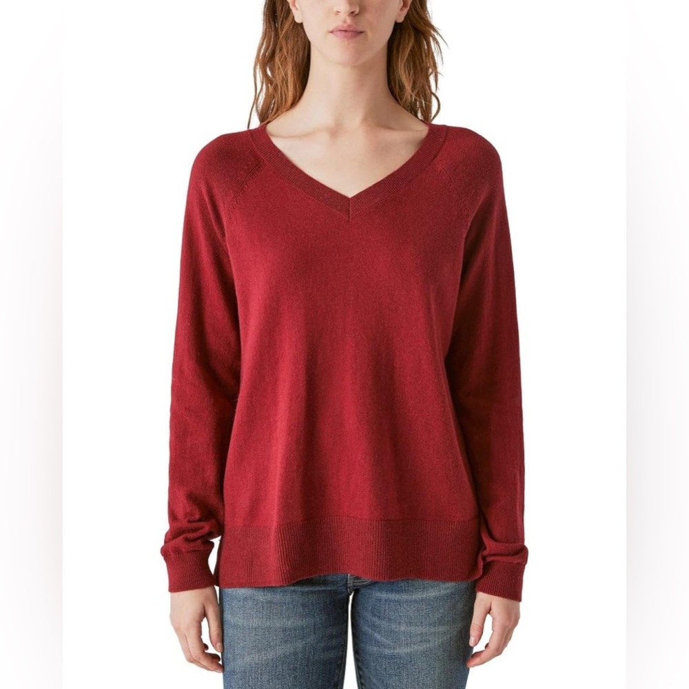 Lucky Brand Women's V-Neck Sweater, Long Sleeves Side Slits Cotton Blend Red XL